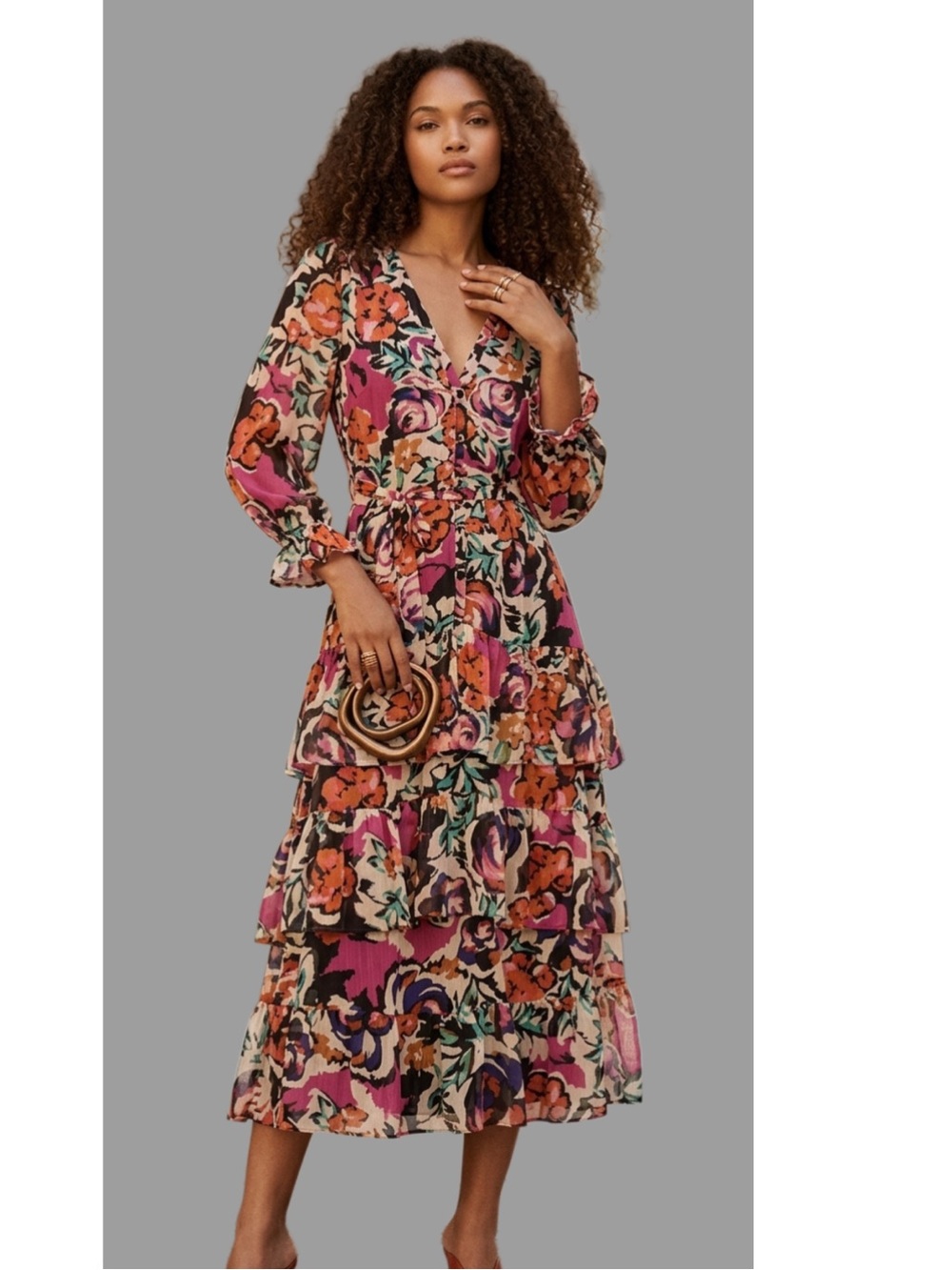 Boho Floral Tiered Midi Dress  V-Neck Ruffle Hem Chic Dress for Women Size 12